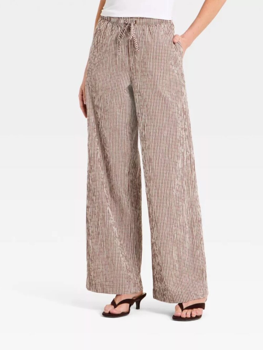 NWT A New Day Brown & Cream Check Wide Leg Linen Blend Pants - Size Large